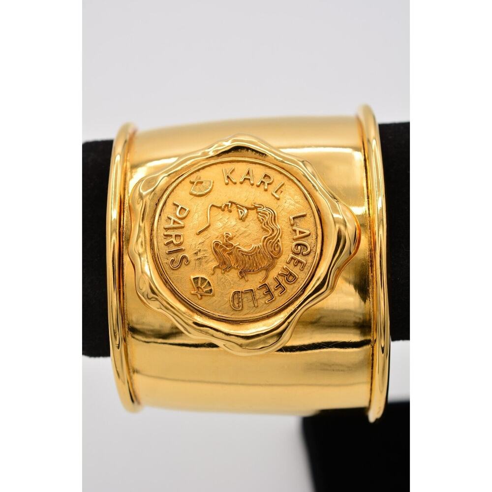 Karl Lagerfeld Vintage Cuff Bracelet Logo Coin Wax Seal Gold Heavy 1980s Bin2
